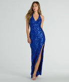 Turn heads in the beaming Analia Halter Slit Mermaid Sequin Formal Dress, a stunning sequin dress designed to add sparkle and elegance to your next night out or special occasion.