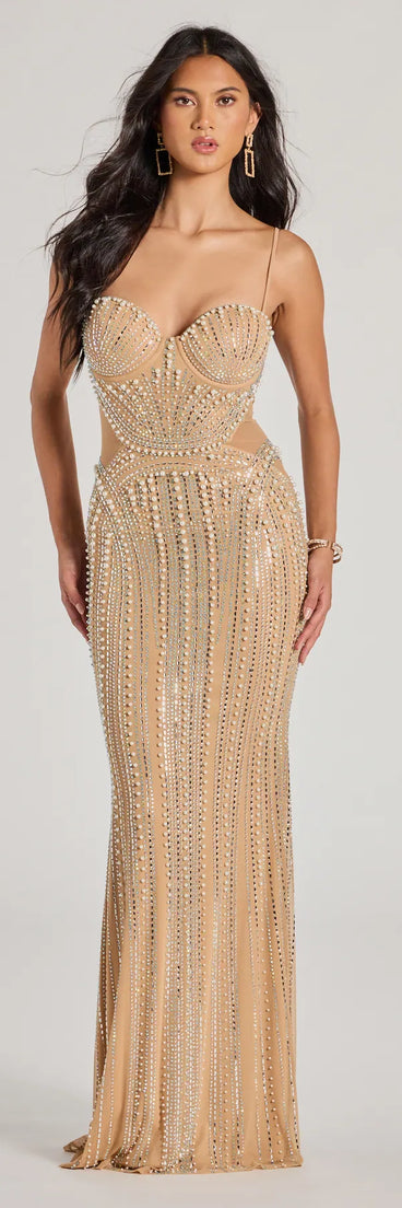 You'll look stunning in the Gianna Rhinestone Pearl Sheer Mesh Formal Dress, a nude formal dress designed to create an effortless yet standout look as women's formal holiday attire, work party outfit, or NYE dress.