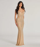 You'll look stunning in the Gianna Rhinestone Pearl Sheer Mesh Formal Dress, a nude formal dress designed to create an effortless yet standout look as women's formal holiday attire, work party outfit, or NYE dress.