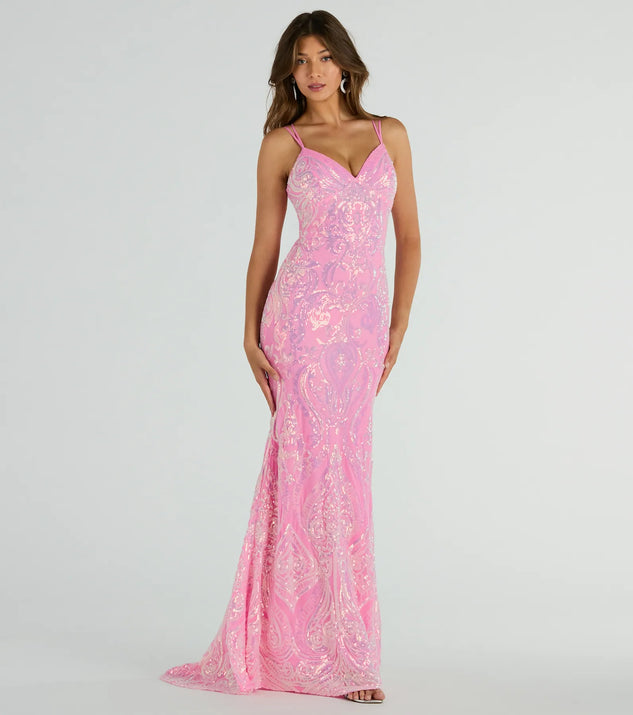 You'll be the best dressed in the Jessa Lace-Up Mermaid Sequin Formal Dress as your summer formal dress with unique details from Windsor.