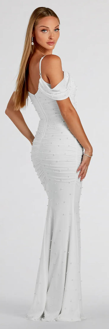 Charlene Formal Faux Pearl Mesh Mermaid Dress in White | Size: S | Knit Fabric/Rhinestone/Mesh Fabric