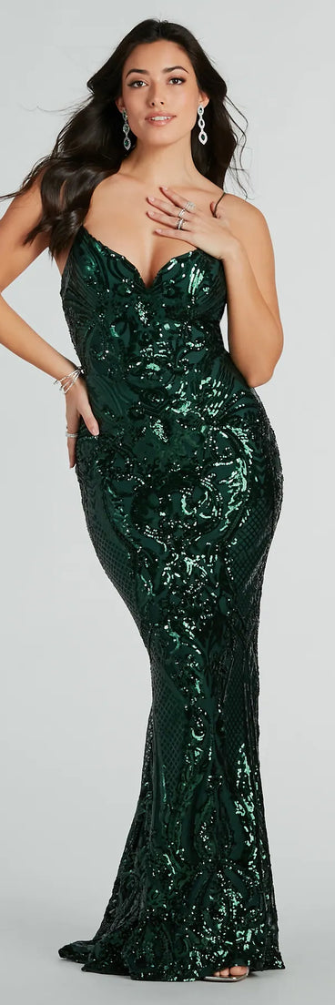 You'll feel stylish and confident in the Lorlia Formal Sequin Scroll Mermaid Long Dress as your Winter Formal Dress to stand out at your dance or event.