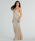 Stand out in a crowd with the Sarai Formal Sequin Striped Mermaid Long Dress, a glamorous gold sequin dress that sparkles effortlessly as an NYE party gown, wedding guest dress, or must-have evening wear for formal events like military balls and winter formals.