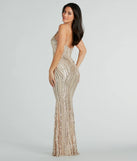 The Sarai Formal Sequin Striped Mermaid Long Dress is a dazzling gold sequin dress, perfect for making a bold entrance at any event, from cocktail parties to formal celebrations.