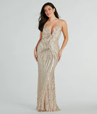 Shine bright in the Sarai Formal Sequin Striped Mermaid Long Dress, a glamorous gold sequin dress that captures the light beautifully, ideal for an NYE party dress, wedding guest dress, or military ball gown.