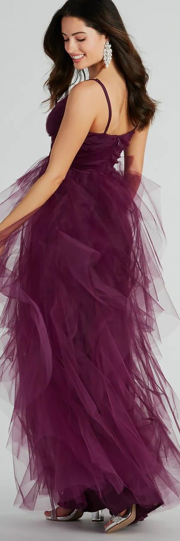 The Hadley V-Neck Ruffled A-Line Tulle Formal Dress is an elegant eggplant purple formal dress in a rich seasonal color and with unique design accents that make dressing up for winter parties, holiday balls, or festive gatherings effortless!