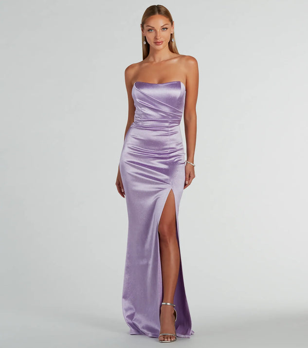 Aliyah Strapless Mermaid Satin Glitter Dress in Navy Blue | Size: Xs | Satin Fabric