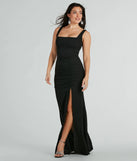Make a bold statement in the Sara Sleeveless Mermaid Crepe Long Formal Dress in black, the perfect spring dress for weddings, cocktail hours, nights out, and/or seasonal celebrations.