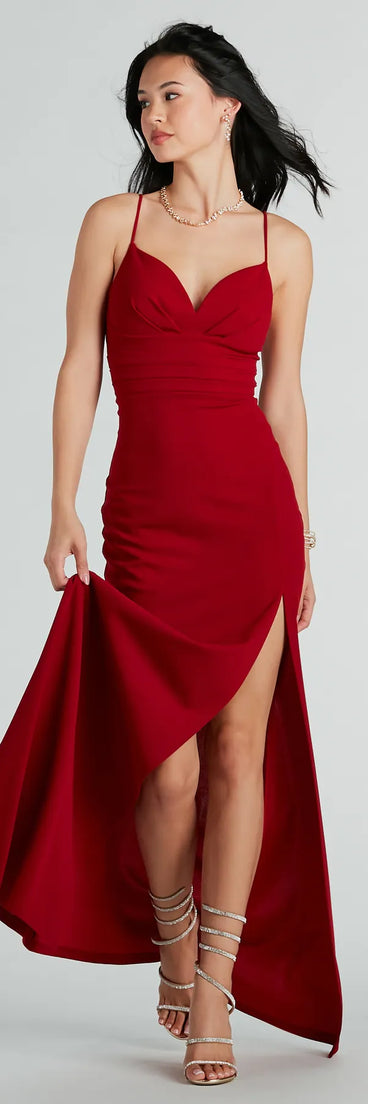 Make the big day unforgettable with the Cadence Formal Crepe Ruched Mermaid Dress, a gorgeous red bridesmaid dress that balances elegance and affordability.