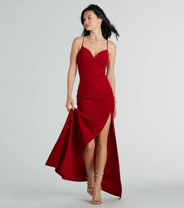 Make the big day unforgettable with the Cadence Formal Crepe Ruched Mermaid Dress, a gorgeous red bridesmaid dress that balances elegance and affordability.
