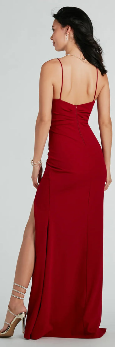 Cadence Formal Crepe Ruched Mermaid Dress in red, a stylish red dress with a flattering fit and fabric that adds allure to your look, perfect for wedding guest attire, cocktail events, or making a bold statement on a date night.