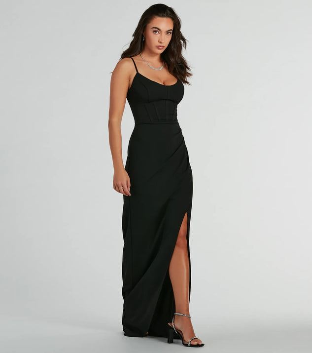 Turn heads at Prom 2025 in this black prom dress, where statement-making details meet the iconic style of the Samaria Lace Up Slim Crepe Formal Dress .