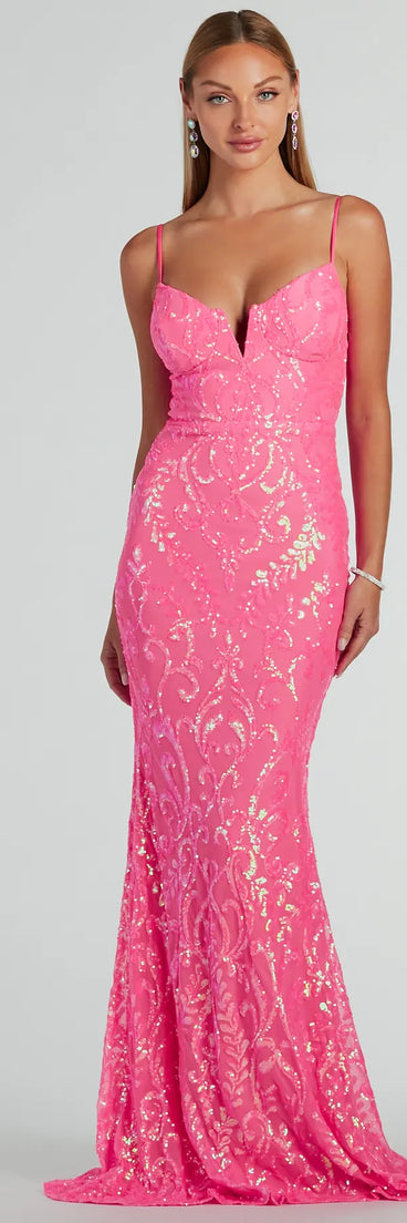 Feel instantly put-together in the Julissa V-Neck Sequin Mesh Mermaid Dress in neon pink, a summer wedding guest dress designed for confident style and all-out celebration.