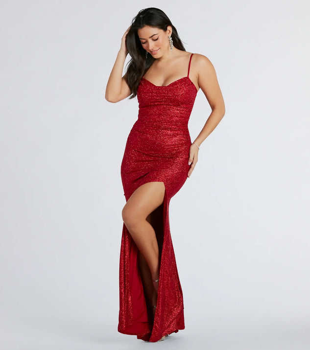 Make a statement in the Ashelyn Cowl Neck Glitter Mermaid Formal Dress, a bold red prom dress designed to exude confidence, elegance, and a striking prom-night look.
