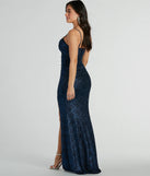 Step into Prom 2025 in a navy blue prom dress, where unique Windsor accents and the standout Ashelyn Cowl Neck Glitter Mermaid Formal Dress style come together.