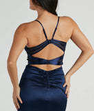 Make a bold statement in the Loraine Sweetheart Wrap Mermaid Satin Formal Dress in navy blue, the perfect summer dress for weddings, cocktail hours, nights out, and/or seasonal celebrations.