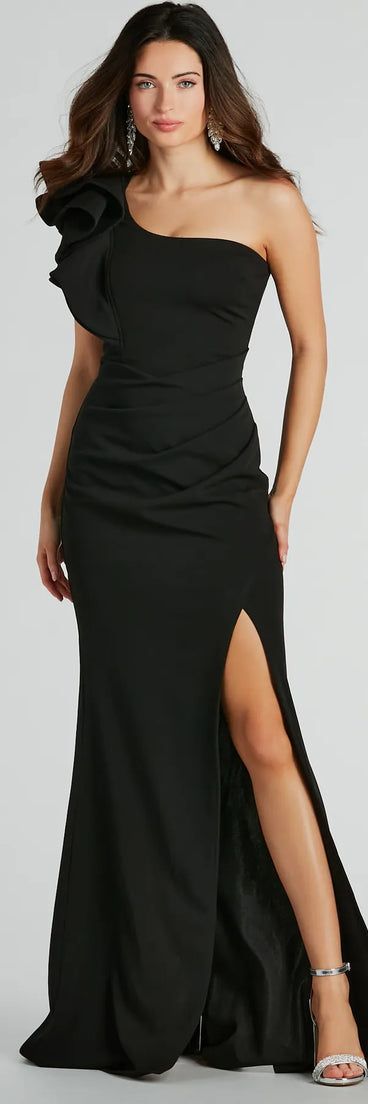 Turn heads at Prom 2025 in this black prom dress, where statement-making details meet the iconic style of the Claudia Ruffled One-Shoulder Crepe Mermaid Dress .