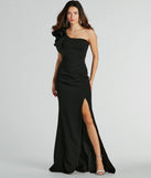 Turn heads at Prom 2025 in this black prom dress, where statement-making details meet the iconic style of the Claudia Ruffled One-Shoulder Crepe Mermaid Dress .