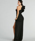 Celebrate in style with the Claudia Ruffled One-Shoulder Crepe Mermaid Dress, a black formal wedding guest dress featuring an elegant silhouette and luxe details, perfect for a black-tie celebration.