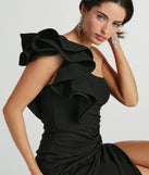 Make a bold statement in the Claudia Ruffled One-Shoulder Crepe Mermaid Dress in black, the perfect spring dress for weddings, cocktail hours, nights out, and/or seasonal celebrations.