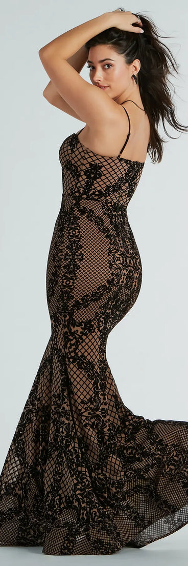 Celebrate in style with the Malie Bustier Mermaid Flocked Velvet Formal Dress, a black formal wedding guest dress featuring an elegant silhouette and luxe details, perfect for a black-tie celebration.