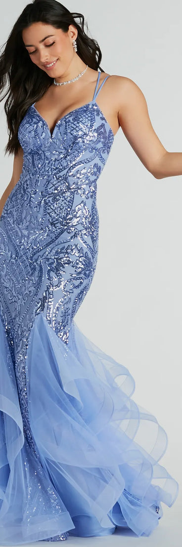 Turn heads at Prom 2025 in this periwinkle prom dress, where statement-making details meet the iconic style of the Sylvia Lace-Up Mermaid Tulle Ruffle Sequin Dress .