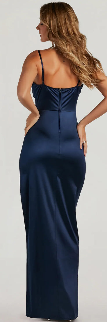 The Iliana Cowl Neck High Slit Satin Formal Dress helps create a chic navy blue women's cocktail outfit with a trendy texture and stylish design, ideal for wedding guest cocktail outfits or dinner parties.