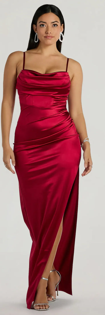 Steal the spotlight in the Iliana Cowl Neck High Slit Satin Column Dress in red, a fiery pick from the red homecoming dresses collection designed for bold entrances.