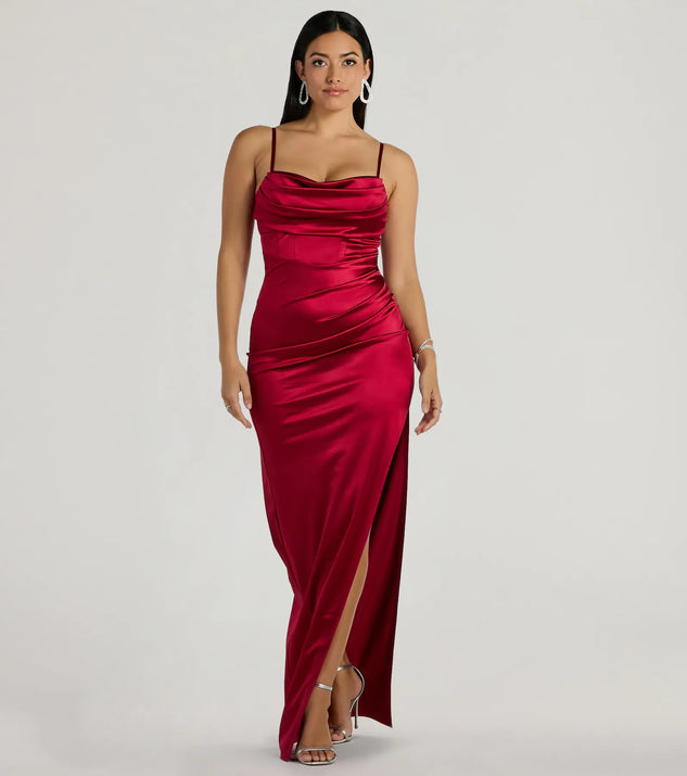 Windsor Jane Cowl Neck Slit Satin Formal Column Dress in Black | Size: XL | Satin Fabric Windsor Jane Cowl Neck Slit Satin Formal Column Dress in Black | Size: XL | Satin Fabric