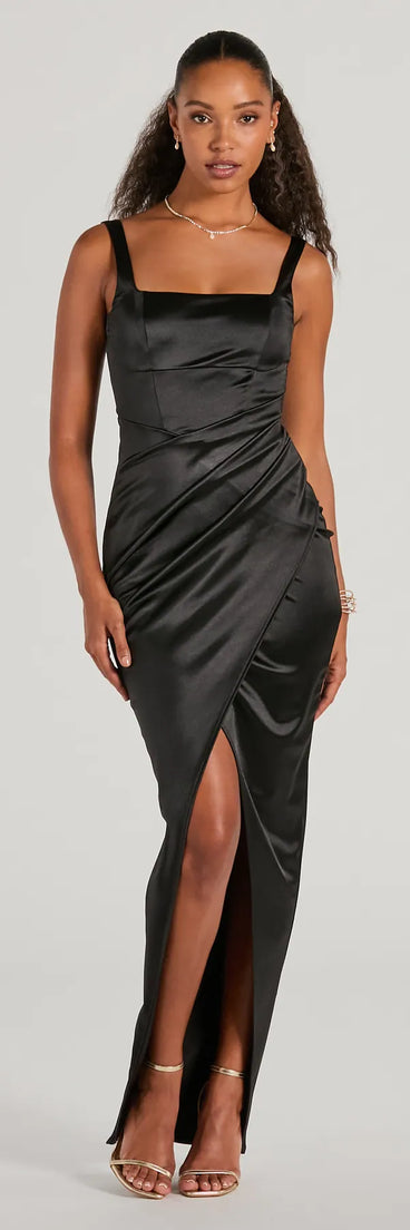 Keep it classic with the Rebecca Satin Slim-Fit Formal Dress, a feed-worthy pick from Windsor's black homecoming dress collection made to stop their scroll from pictures to the dance floor.