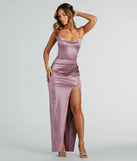 Make a bold statement in the Stella Satin Cowl Neck High Slit Formal Dress in lavender, the perfect summer dress for weddings, cocktail hours, nights out, and/or seasonal celebrations.