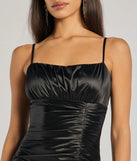 The Brooklyn Satin Ruched Formal Dress is a show-stopping black prom dress, offering a sleek, slimming silhouette that enhances your natural beauty for an unforgettable night.