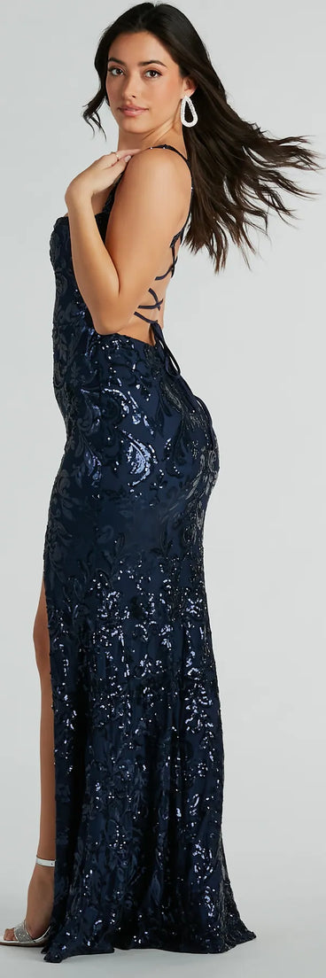 Step into Prom 2025 in a navy blue prom dress, where unique Windsor accents and the standout Moira Lace-Up Bodycon Sequin Formal Dress style come together.