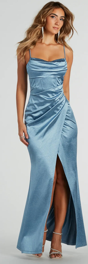 Feel instantly put-together in the Lana Cowl Neck Mermaid Satin Glitter Formal Dress in denim blue, a stylish wedding guest dress designed for confident style and all-out celebration.