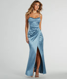 Feel instantly put-together in the Lana Cowl Neck Mermaid Satin Glitter Formal Dress in denim blue, a stylish wedding guest dress designed for confident style and all-out celebration.