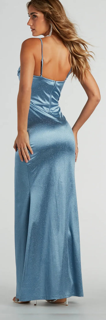 Step into the Prom 2025 dance in the Lana Cowl Neck Mermaid Satin Glitter Formal Dress in denim, a stunning blue prom dress designed to complement any theme with its timeless allure and statement-making style.