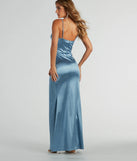 Step into the Prom 2025 dance in the Lana Cowl Neck Mermaid Satin Glitter Formal Dress in denim, a stunning blue prom dress designed to complement any theme with its timeless allure and statement-making style.