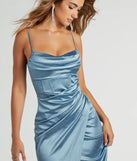 Make a bold statement in the Lana Cowl Neck Mermaid Satin Glitter Formal Dress in denim blue, the perfect fall dress for weddings, cocktail hours, nights out, and/or seasonal celebrations.