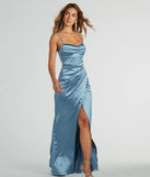 A stunning pick for an engagement photoshoot outfit or autumn wedding guest dress, this fall formal dress showcases the Lana Cowl Neck Mermaid Satin Glitter Formal Dress in denim blue with a graceful silhouette that captures the moment.