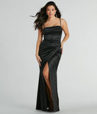 Turn heads at Prom 2025 in this black prom dress, where statement-making details meet the iconic style of the Lana Cowl Neck Mermaid Satin Glitter Formal Dress .