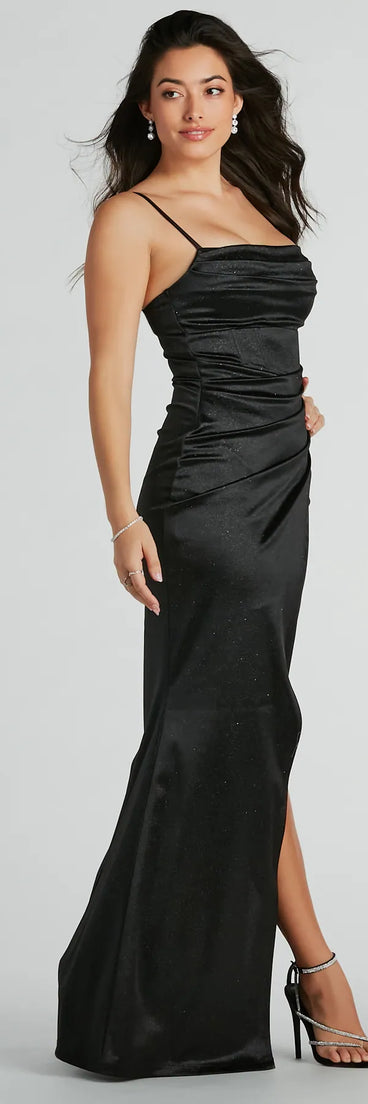 A stunning pick for an engagement photoshoot outfit or autumn wedding guest dress, this fall formal dress showcases the Lana Cowl Neck Mermaid Satin Glitter Formal Dress in black with a graceful silhouette that captures the moment.