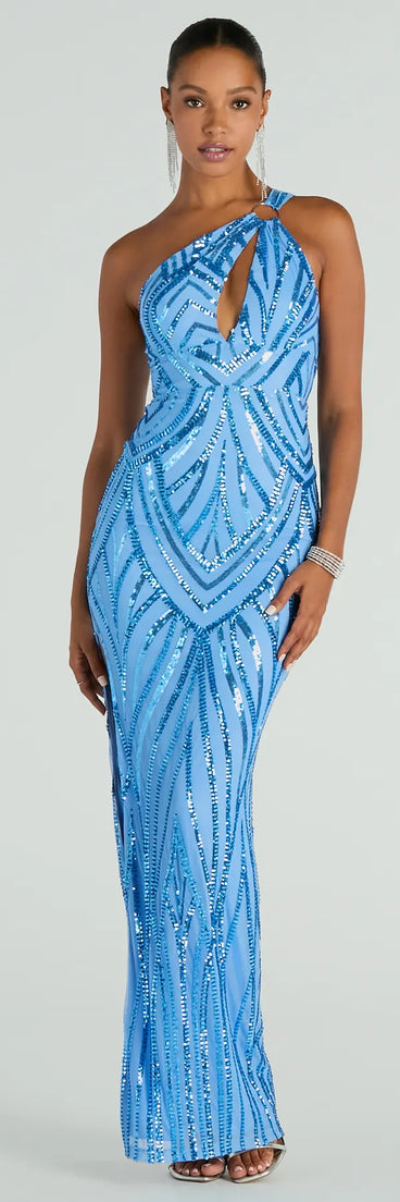 You'll be the best dressed in the Stacey One-Shoulder Cutout Slim Sequin Formal Dress as your summer formal dress with unique details from Windsor.