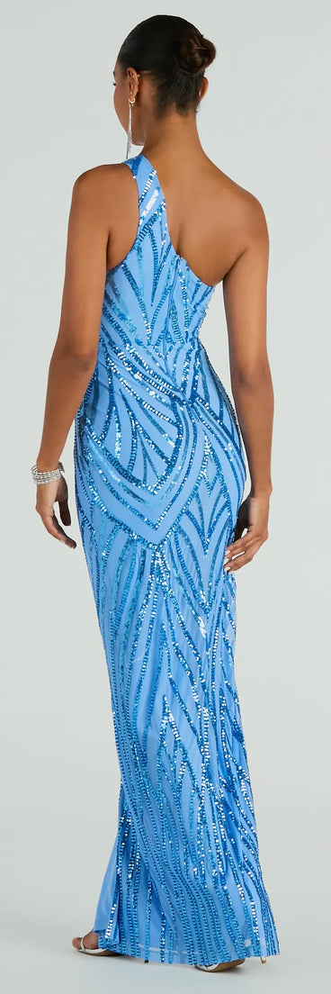 You'll be the best dressed in the Stacey One-Shoulder Cutout Slim Sequin Formal Dress as your summer formal dress with unique details from Windsor.