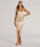 Turn heads at Prom 2025 in this gold prom dress, where statement-making details meet the iconic style of the Rebecca Satin Slim-Fit Formal Dress .