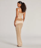 The elegant Rebecca Satin Slim-Fit Formal Dress is a gold satin bridesmaid dress crafted with luxe fabric, ideal for modern weddings and traditional bridal parties.