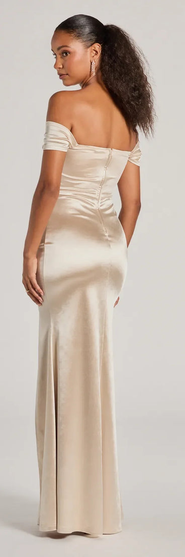 Feel instantly put-together in the Laura Off-The-Shoulder Mermaid Satin Formal Dress in gold, a summer wedding guest dress designed for confident style and all-out celebration.