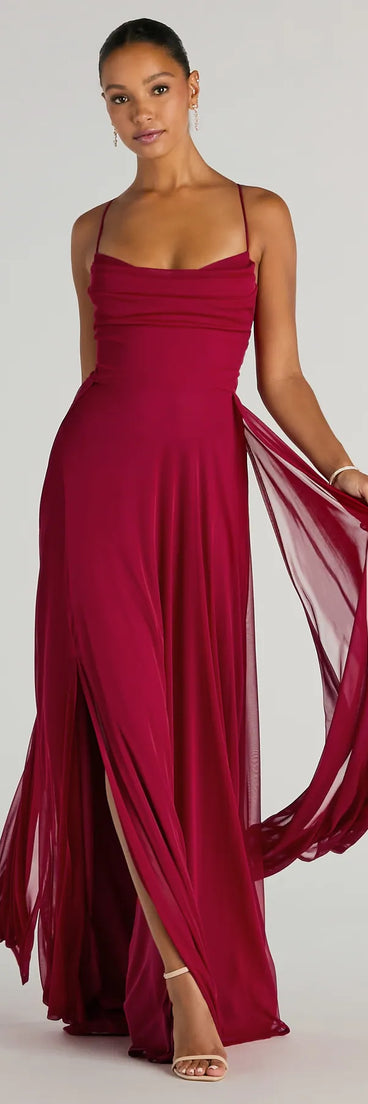 Revamp your 2025 wardrobe with this chic addition, the Paris Lace-Up Slit A-Line Chiffon Formal Dress in red, perfect for elevating your style in the new year.