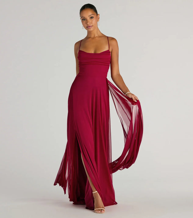 Revamp your 2025 wardrobe with this chic addition, the Paris Lace-Up Slit A-Line Chiffon Formal Dress in red, perfect for elevating your style in the new year.
