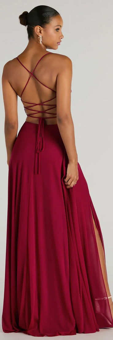 Revamp your 2025 wardrobe with this chic addition, the Paris Lace-Up Slit A-Line Chiffon Formal Dress in red, perfect for elevating your style in the new year.