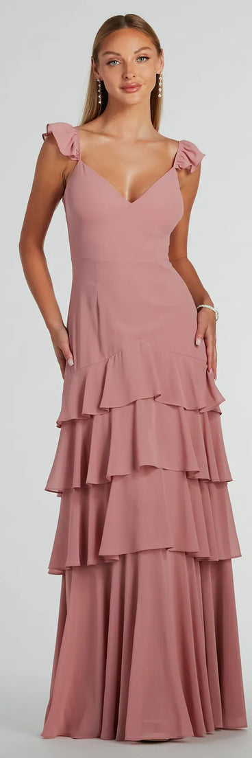 You'll feel stylish and confident in the Adalee Flutter Strap Ruffled Chiffon Formal Dress as your Winter Formal Dress to stand out at your dance or event.